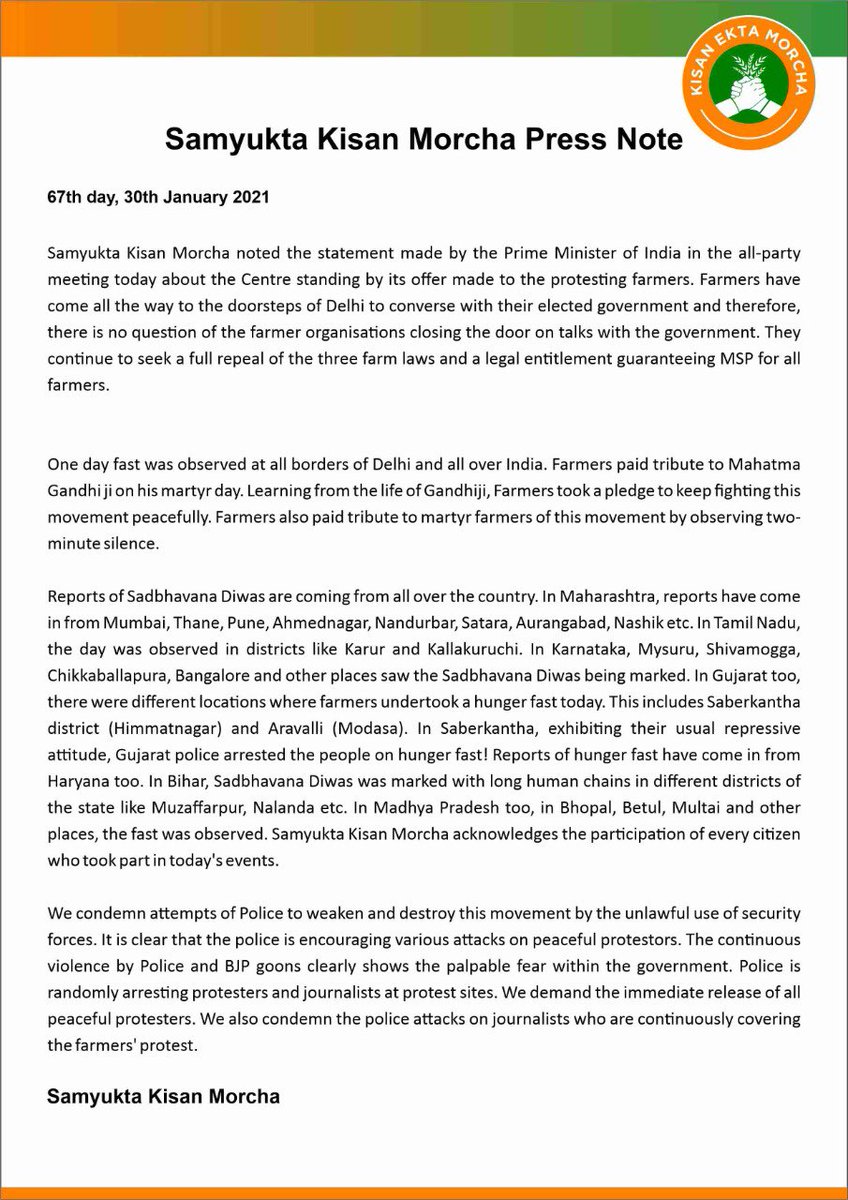kisanektamorcha's tweet image. Press note dated 30 Jan 2021 #ModiPlanningFarmerGenocide