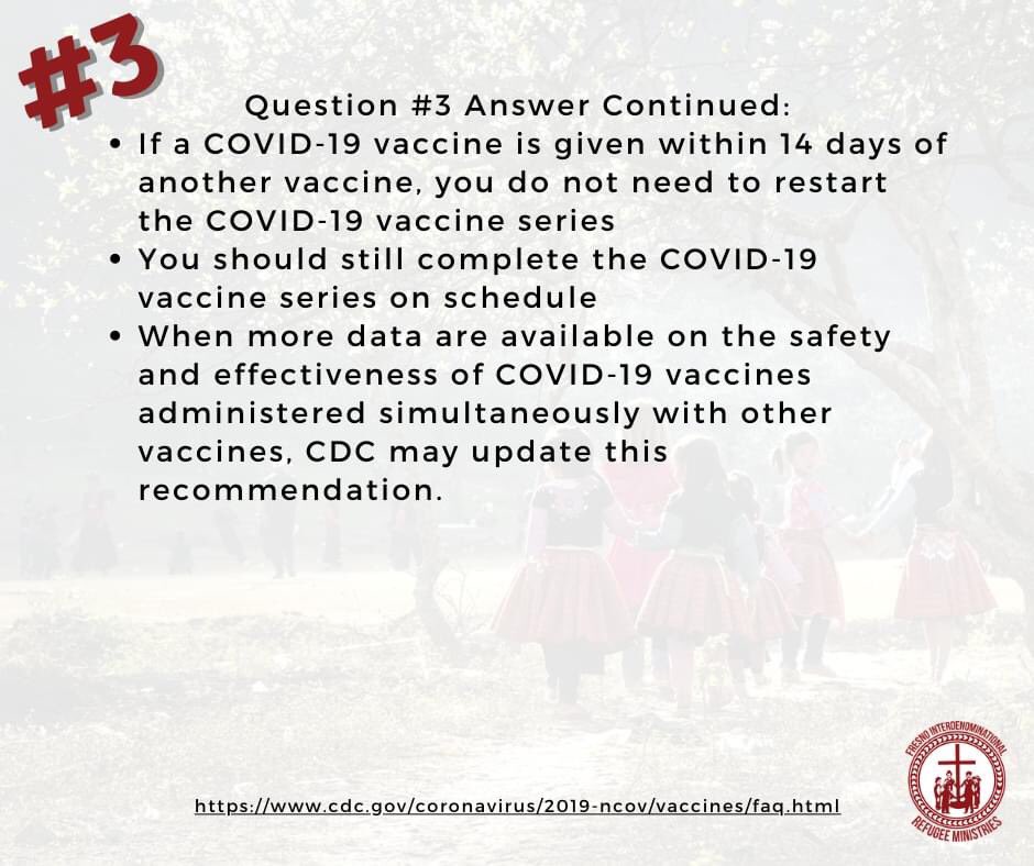 3rd FAQ: Can I get a #COVID19 #vaccine at the same time as another vaccine? Wait 14 days. #fresnoCEP #CEPSaturday #COVID19EquityProject #covidequityproject #Fresno
