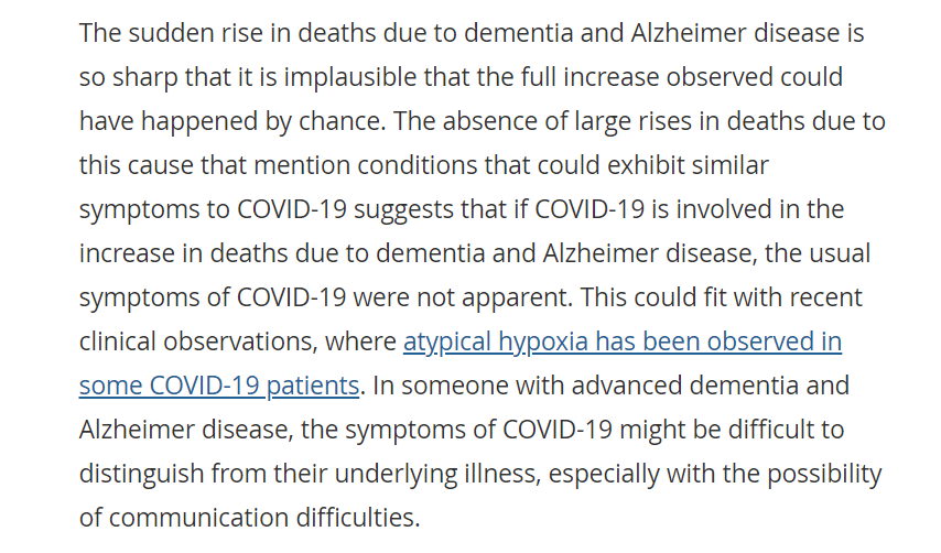 So while some excess dementia deaths may be due to issues in care homes and lack of hospital care, given the almost total lack of testing in care homes in April, many are likely to be undiagnosed covid.This was raised by the ONS as early as June. https://www.ons.gov.uk/peoplepopulationandcommunity/birthsdeathsandmarriages/deaths/articles/analysisofdeathregistrationsnotinvolvingcoronaviruscovid19englandandwales28december2019to1may2020/technicalannex#deaths-due-to-dementia-and-alzheimer-disease