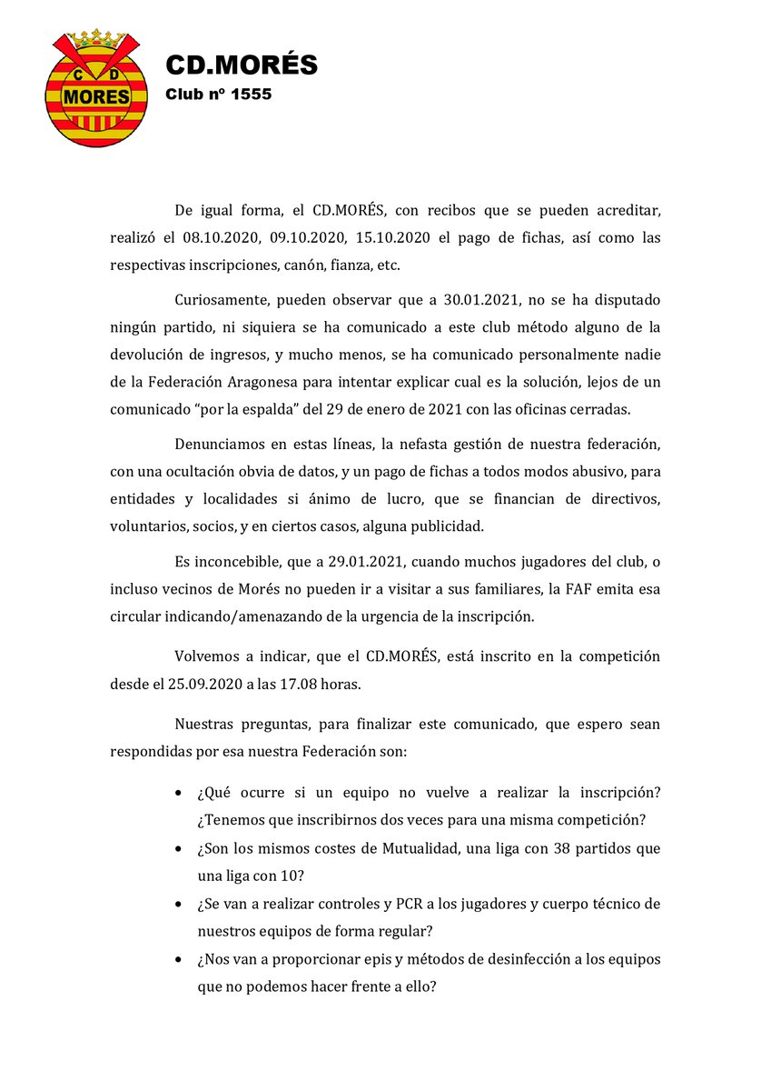 cdmores's tweet photo. 🙂 Este es el comunicado, que en la defensa de la salud de nuestro pueblo en primer lugar, y por respeto a nuestros socios, jugadores y directiva, el CD MORÉS va a enviar a la Federación Aragonesa, después de la circular del día 29.01.2021 https://t.co/MC6uIBQhWL