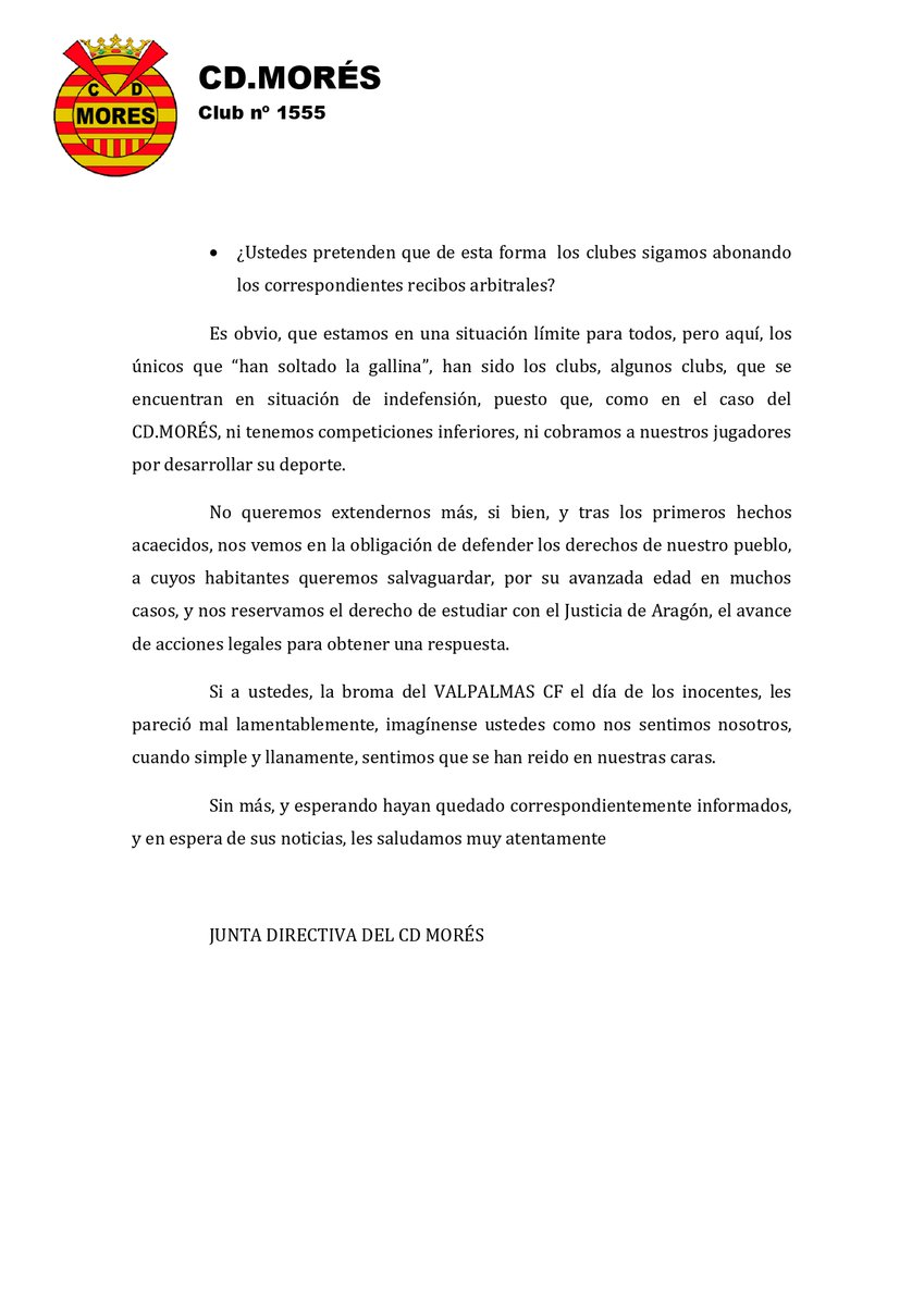 🙂 Este es el comunicado, que en la defensa de la salud de nuestro pueblo en primer lugar, y por respeto a nuestros socios, jugadores y directiva, el CD MORÉS va a enviar a la Federación Aragonesa, después de la circular del día 29.01.2021