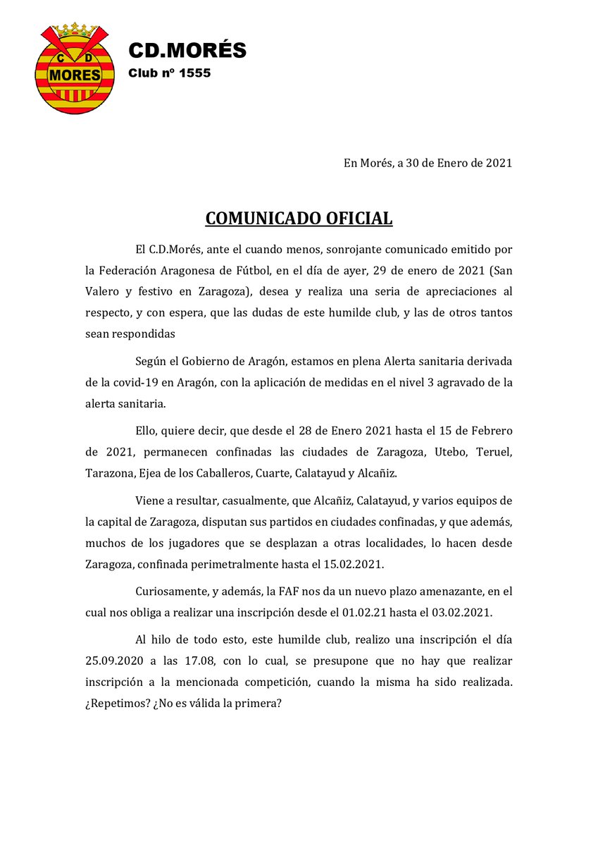 cdmores's tweet photo. 🙂 Este es el comunicado, que en la defensa de la salud de nuestro pueblo en primer lugar, y por respeto a nuestros socios, jugadores y directiva, el CD MORÉS va a enviar a la Federación Aragonesa, después de la circular del día 29.01.2021 https://t.co/MC6uIBQhWL