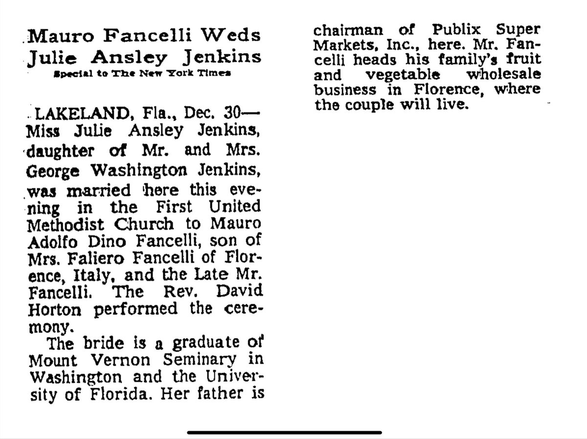 In 1972, Julie, as a student from the University of Florida, went to Florence Italy. There she met future husband, Mauro Adolfo Dino Fancelli. Dad was still the Chairman of PUBLIX and interestingly, Mauro Fancelli ran a similar business (wholesale) in Florence.6/