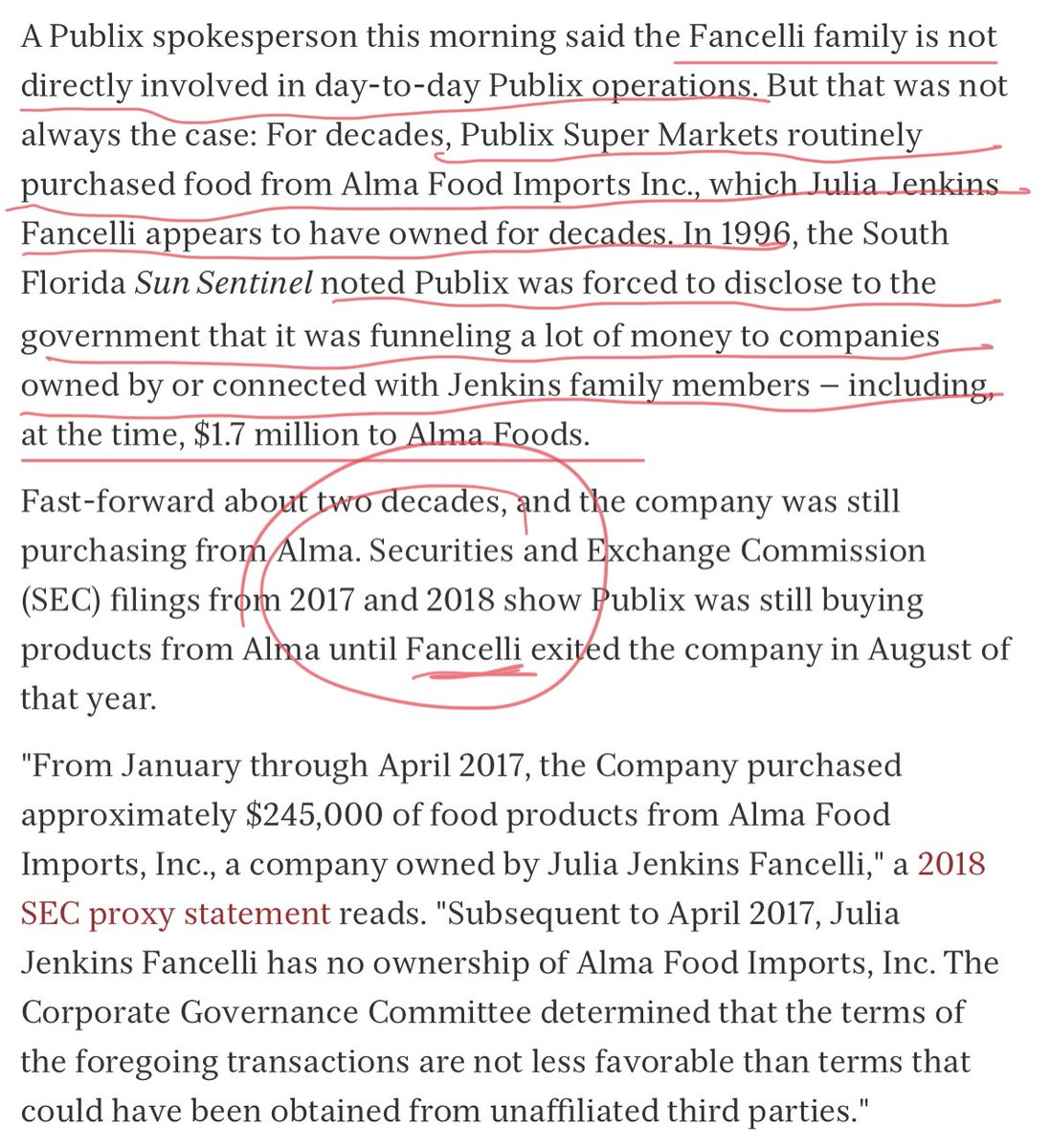 And Julie, seems to have had a great business importing products from her husbands business in Italy to PUBLIX. Getting caught by the SEC after several decades, finally gave Julie the opportunity to step away from the company in 2018.11/