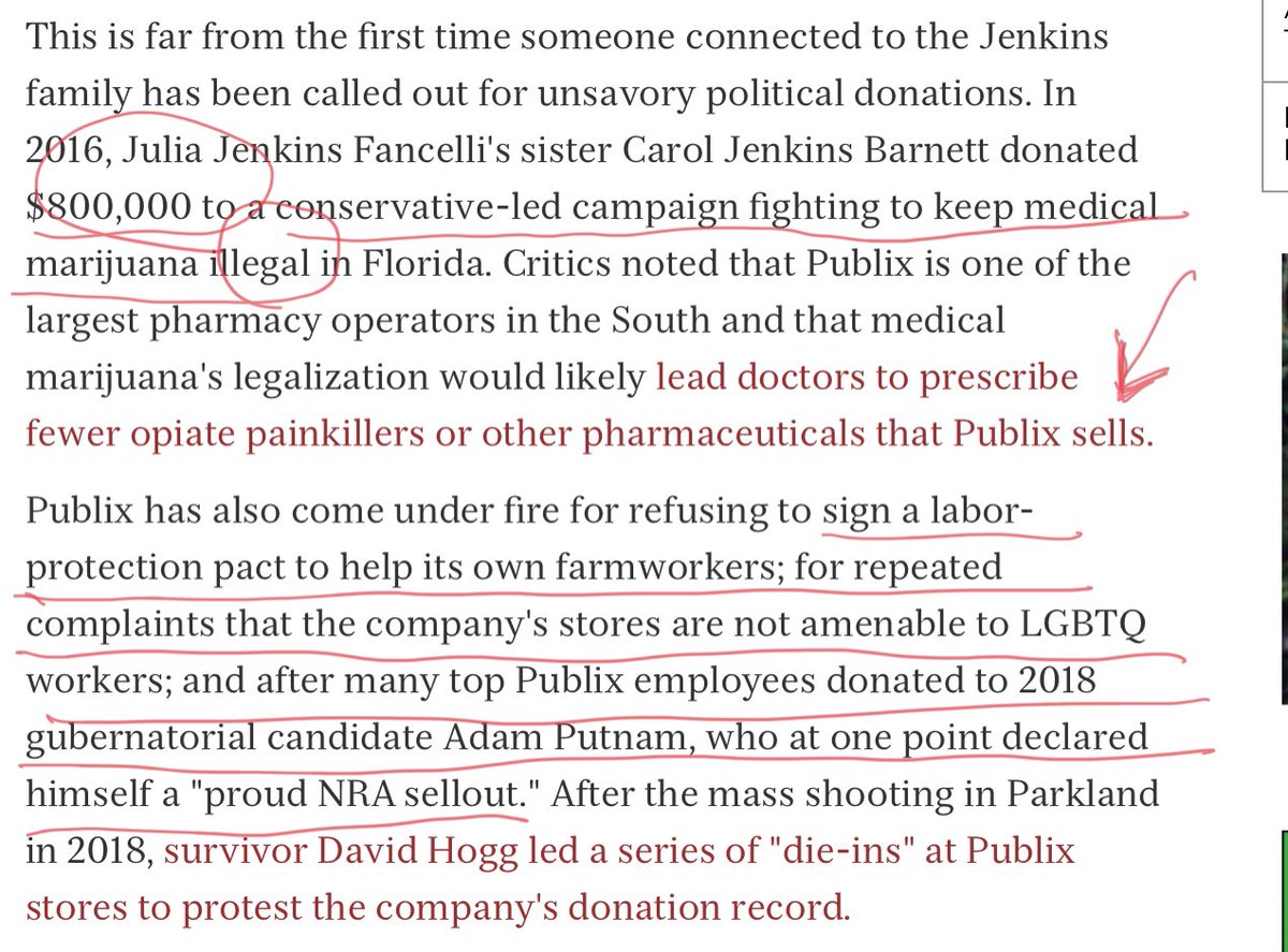 - Donations to far right conservatives (not a crime)- Fighting legal marijuana (they have a large opiate business)- Refusing to sign labor-protections for farm workers- Top employees donated to a NRA gun advocate Adam Putnam- Parkland students staged die-ins at PUBLIX13