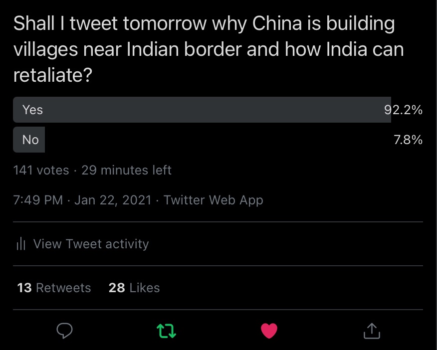 Yesterday’s poll on “whether I should tell the reason why China is building new villages near Arunachal Pradesh“ gave a good response. Hence today I will give the reason