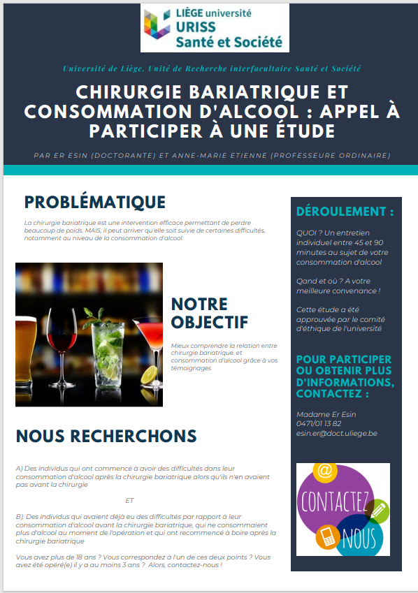 ErEsin10's tweet photo. Au service de Psychologie de la Santé de l'Université de Liège, nous lançons une étude sur la chirurgie bariatrique et la consommation d'alcool. Nous recherchons des personnes qui accepteraient de participer à notre étude. Merci d'avance pour votre aide.
@AMEtienne @AureWag https://t.co/u3RdqbKIPo