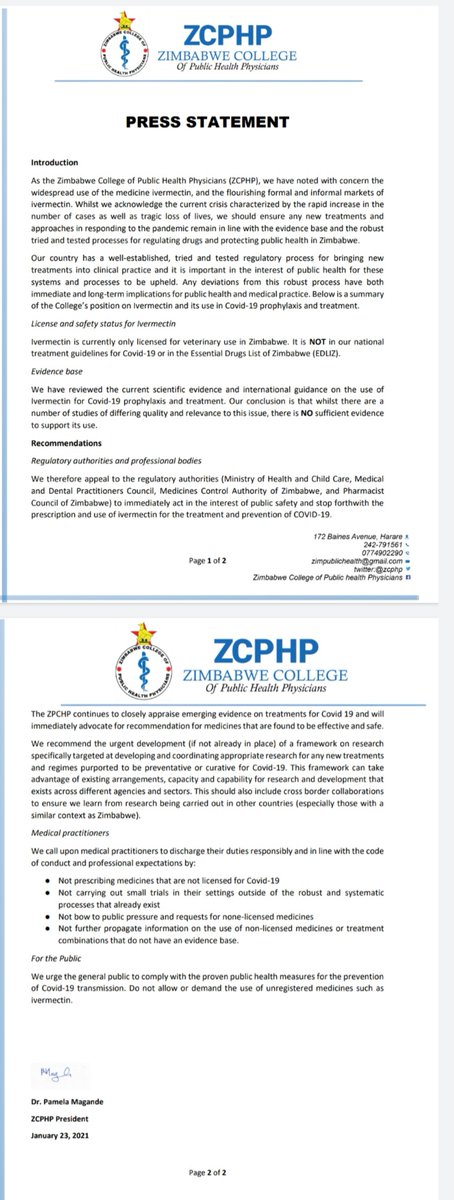 Zimbabwe College of Public Health Physicians (@zcphp) on Twitter photo ZCPHP press statement on use of unproven medicines (Ivermectin) to treat COVID-19 in Zimbabwe.
<a href="/MoHCCZim/">Ministry of HealthZW</a> <a href="/HeraldZimbabwe/">The Herald Zimbabwe</a> <a href="/Pam_Magande/">Dr Pamela Magande</a> <a href="/drgmuchena/">Gladwin Muchena</a> <a href="/rashida_abbferr/">Rashida Abbas Ferrand</a> <a href="/ProfKunoz/">Prof. Edward Kunonga FFPH</a> <a href="/DailyNewsZim/">@DailyNewsZim</a> <a href="/ZimMedicalAssoc/">ZiMA</a> <a href="/SeniorDoctors/">Zimbabwe Senior Hospital Doctors Association</a> ZCPHP press statement on use of unproven medicines (Ivermectin) to treat COVID-19 in Zimbabwe.
<a href="/MoHCCZim/">Ministry of HealthZW</a> <a href="/HeraldZimbabwe/">The Herald Zimbabwe</a> <a href="/Pam_Magande/">Dr Pamela Magande</a> <a href="/drgmuchena/">Gladwin Muchena</a> <a href="/rashida_abbferr/">Rashida Abbas Ferrand</a> <a href="/ProfKunoz/">Prof. Edward Kunonga FFPH</a> <a href="/DailyNewsZim/">@DailyNewsZim</a> <a href="/ZimMedicalAssoc/">ZiMA</a> <a href="/SeniorDoctors/">Zimbabwe Senior Hospital Doctors Association</a>