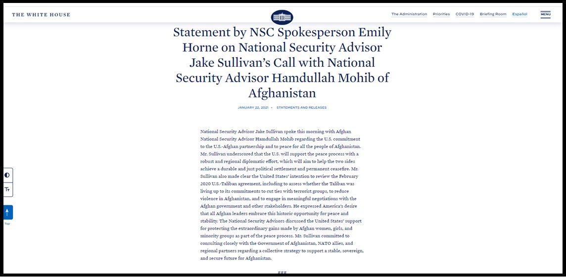 diplomatic effort, which will aim to help the two sides achieve a durable and just political settlement and permanent ceasefire," and confirmed that Sullivan has also discussed US support to protect the "extraordinary gains" made by Afghan women and girls.[9]