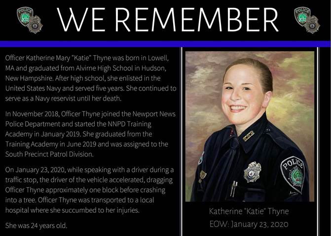 NewportNewsPD's tweet photo. One year ago our department, our community and her family suffered an unimaginable loss. Officer Thyne was not only a wonderful officer, but she was also an amazing mother, daughter, sister, and friend. We ask that you please join us in remembering Katie today and always. https://t.co/91Cipjv4he