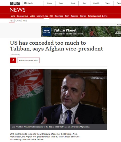 In this regard, Jan 15th interview by  @AmrullahSaleh2 with  @BBCWorld is significant, he says,“the American mission, which began 20 years ago, is not yet accomplished. Last year  @POTUS45 made a peace deal with the Taliban and agreed to drastically reduce US troops.”[10]