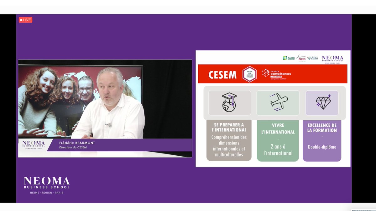 NEOMAbs's tweet photo. #NEOMALive | "La formation contient une préparation solide pour le départ à l’international et un encadrement à la fois du partenaire et de NEOMA. J’emmène nos étudiants vers une dynamique de réussite." - Frédéric Beaumont
#ConcoursSESAME #Parcoursup2021 https://t.co/r50KwazUX8
