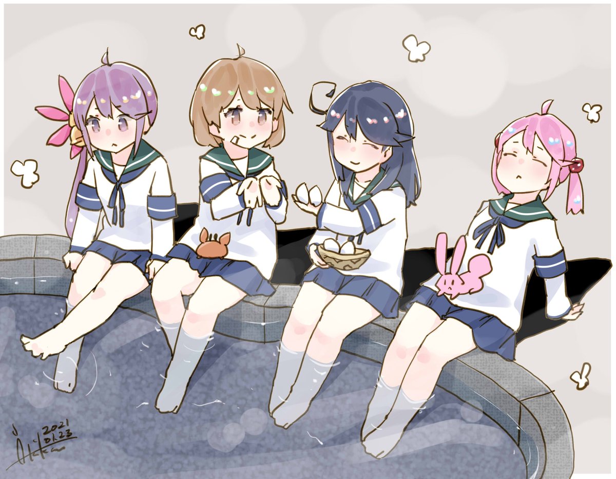 akebono (kancolle) ,oboro (kancolle) ,sazanami (kancolle) ,ushio (kancolle) 4girls multiple girls hair ornament flower hair flower purple hair school uniform  illustration images