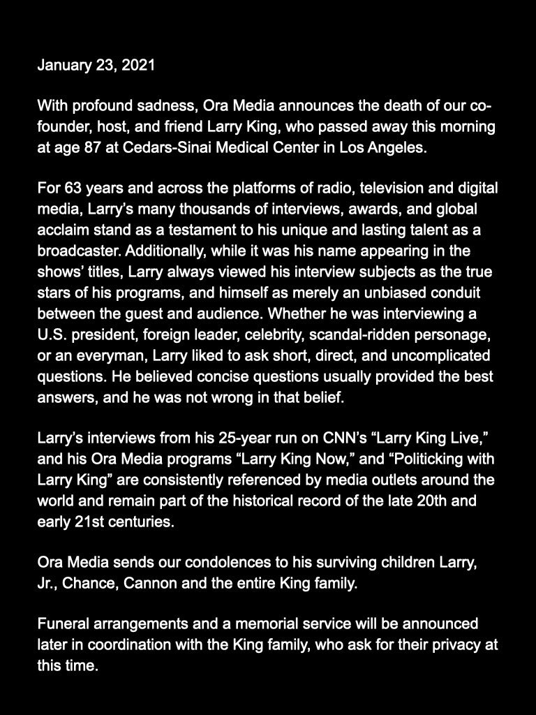 Reporterroblang's tweet photo. BREAKING: Larry King has died at the age of 87. He gained international fame for #LarryKingLive @CNN but before that gained national fame as host of the #LarryKingShow on the old #MutualBroadcastingSystem. @wbalradio among the stations that carried it. https://t.co/CcmlfHHkD3