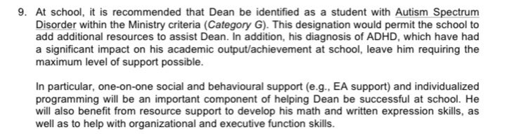 Sharing this from my son’s assessment because guess what? His ADHD is HUGELY impacting his ability at school - as we’ve known for years. As have school staff. Yet the autism diagnosis now = supports? I’m thrilled for my son but FURIOUS at the system.  #bcpoli  #autism  #ADHD