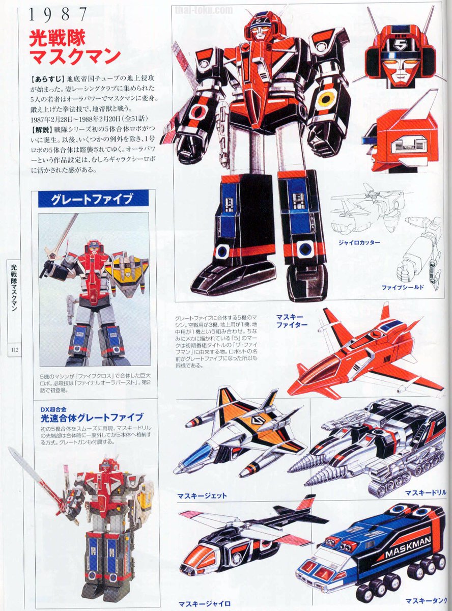vvmmrrcc's tweet photo. Les robots de #Maskman. Le #GreatFive (à gauche). Le #Turboranger (transporteur), et le #GalaxyRobo (à droite).
Great Five, premier robot Sentai à 5 méchas. Mais avant d'en arriver là, les gens de chez Plex avaient proposé des designs encore plus compliqués. https://t.co/zFgneul1DD