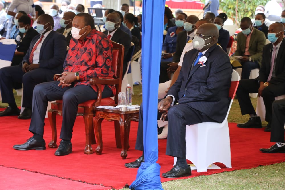 President Uhuru Kenyatta (left) and Education CS Prof. George Magoha today joined Catholic Church faithfuls at the Loreto Mary Ward Center in Karen, Nairobi County for a celebratory mass to mark 100 years of the Loreto Eastern Africa Province.