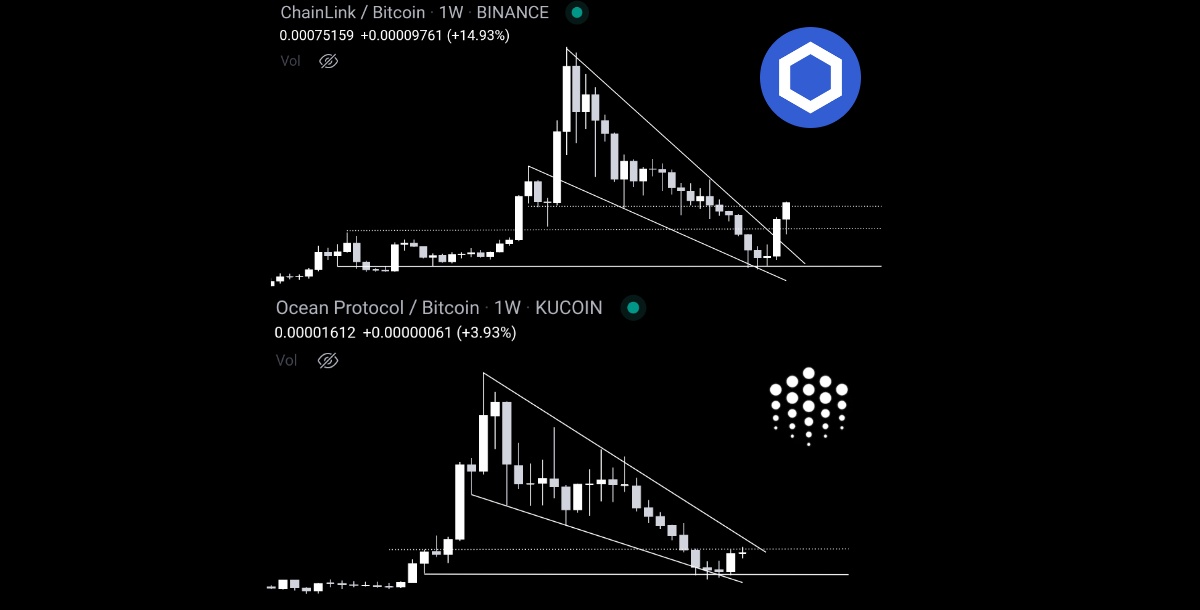  $OCEAN is my only  $ALTS from 7 that hasn't ATH in the past month, I expect that to change v soon We have hit a double bottom Vs  $USDT & broken out Vs  $BTC both on the weekly, consolidating above 50c for next leg up. OCEAN has a habit of following the movements of  $LINK (1/n)