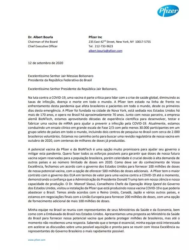 edumufarej's tweet image. Carta do Presidente Mundial da Pfizer para o governo brasileiro em Setembro do ano passado pedindo celeridade na decisão sobre a vacina.  Somos 200 milhões e temos aproximadamente 6 milhões de vacinas adquiridas.  Uma vergonha para todos nós.