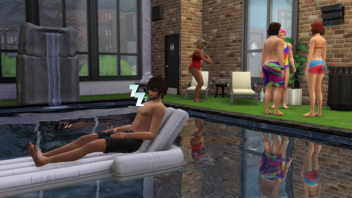 EuphoriaCaramel's tweet photo. Kyle Alpha has a tendency to sleep on the pool float instead of his hotel room... And now I see why 😶 #Sims4 #HotelChallenge P.S. all of my guests this week are Animal Crossing characters I found on the gallery! (Kyle, Dom, Hazel, Ketchup, Frita, Pietro, and Agnes) https://t.co/vjAv13L2uM