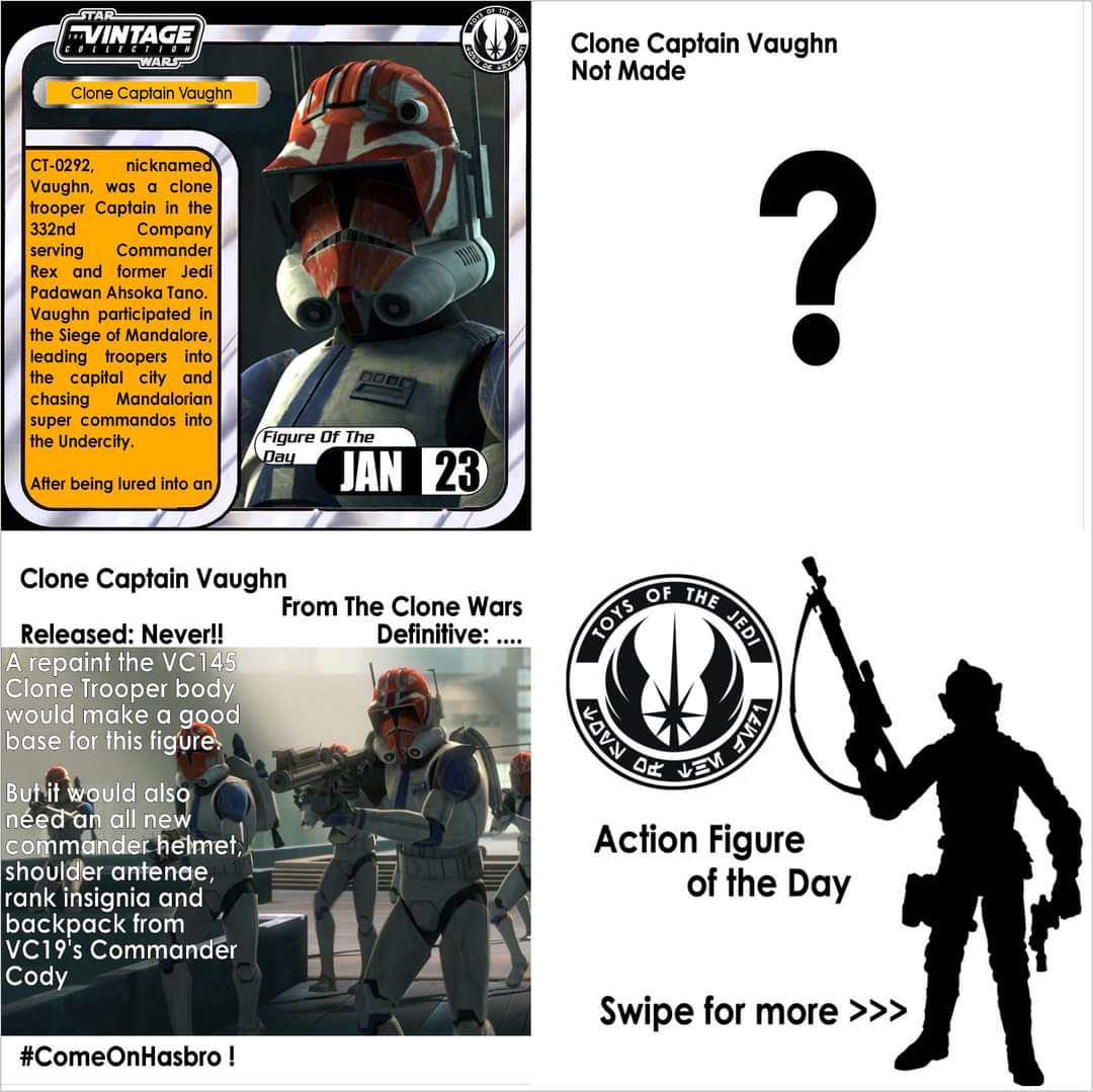 ToysJedi's tweet photo. #ActionFigureOfTheDay #CloneCaptainVaughn from #TheCloneWars #NotMade Repaint the VC145 Clone Trooper body as a good base for this figure, but it would also need an all new commander helmet, shoulder antenae, rank insignia and backpack from VC19's Commander Cody #ComeOnHasbro ! https://t.co/5GV2QiOC98