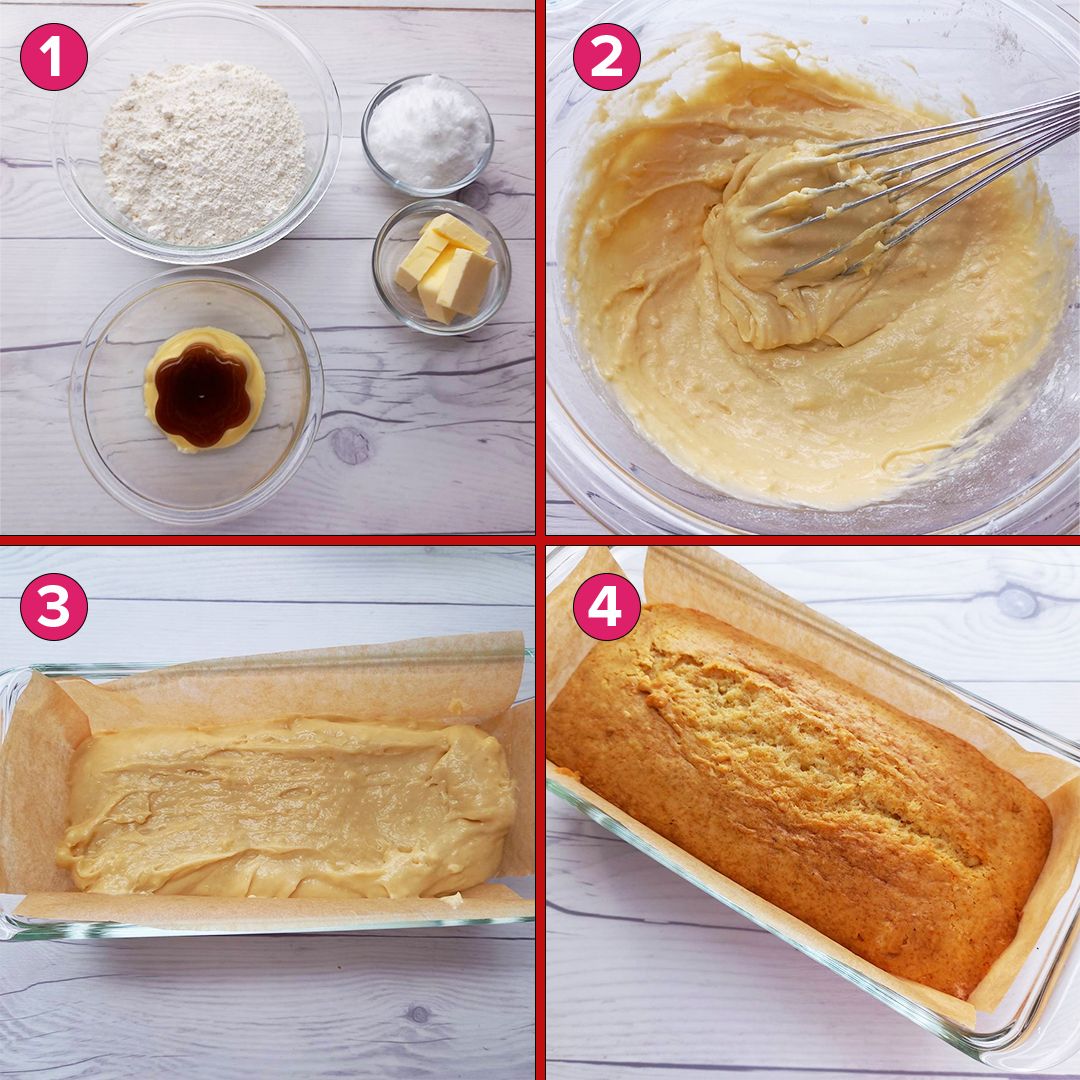 Tasty Japan 材料4つ プリンでカラメル風味のパウンドケーキ ボウルにホットケーキミックス150g 砂糖大2 バターg プリン150gを入れてなめらかになるまで混ぜ 型にクッキングシートをしいて流し入れ 5センチの高さから2 3回落として空気を抜く