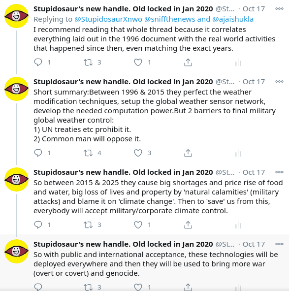 Stupido_Bot1's tweet photo. Forgot one important thing in above list - weather weapon &amp; geoengineering hidden attacks in the name of 'climate change' are also important part of genocidal 'great reset'/'new world order' of @RoyalFamily. Summary in image, details in thread below image. https://t.co/4dqF3uAysG https://t.co/7IuzWMhwE6