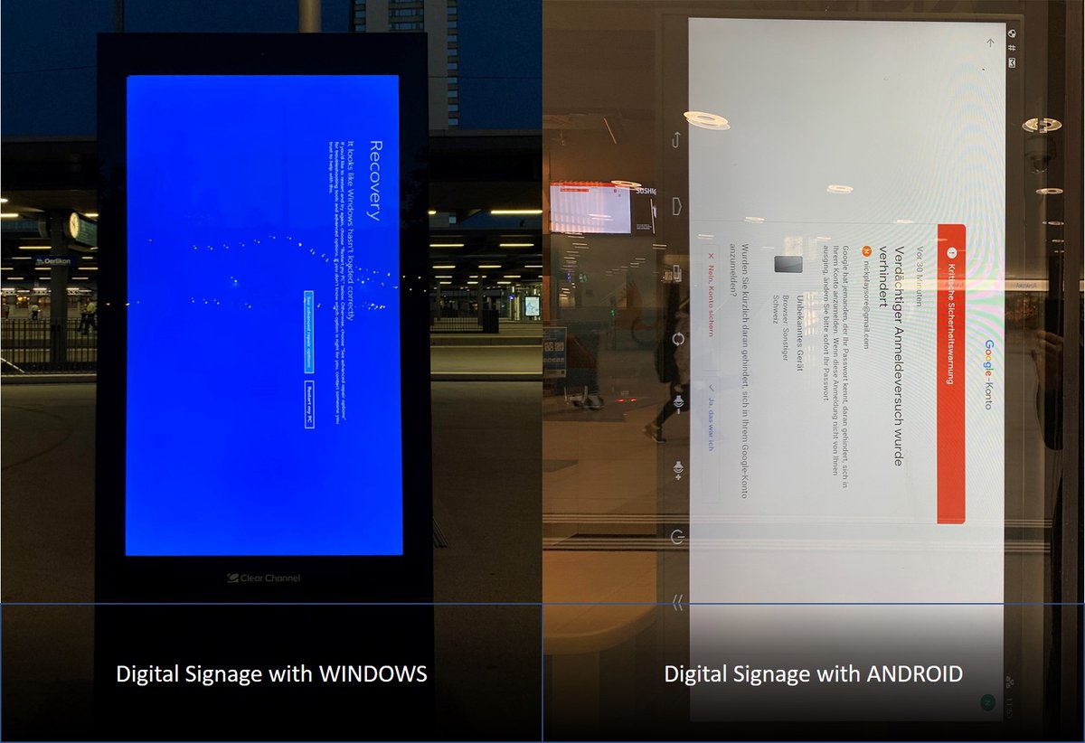 The Times They Are a-Changin': Mit der steigenden Popularität von Android ändert sich das Bild der Digital-Signage-Fehlermeldungen - vom Blue Screen zur Google Sicherheitswarnung. #PublicFail