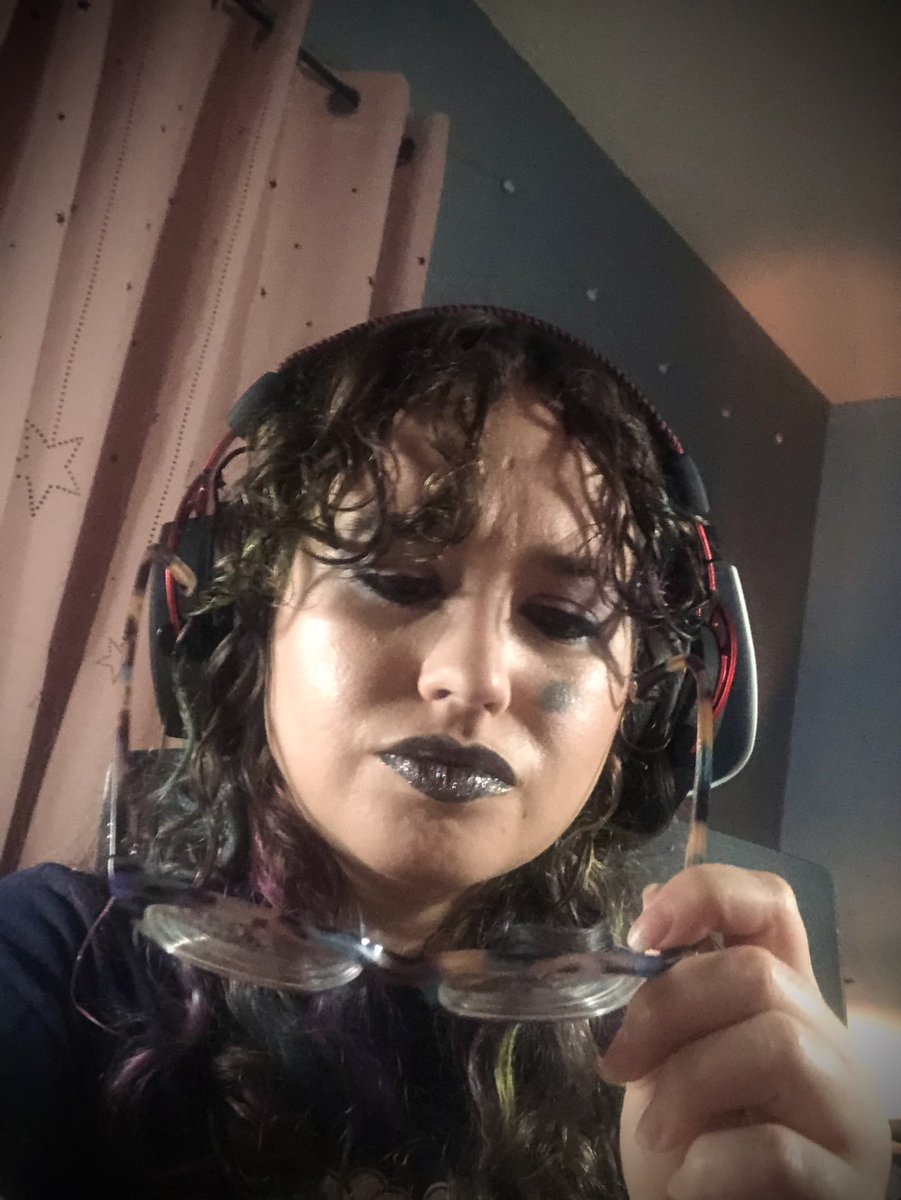 NantyCat's tweet image. This is the face of someone who didn’t turn on their stream after two hours of streaming, and then continued to stream with lipstick on their face that somehow got on their glasses. Twitch.tv/nantycat #dingus #streamerfail #twitch #kvdveganbeauty
