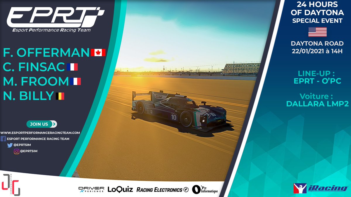 EPRTsim's tweet image. 🏎️ 24H de Daytona @iRacing  - Line-up LMP2 🏎️

Alors que nous sommes à trois heures du départ des 24H de Daytona, il est temps de vous présenter notre premier équipage, au volant d'une LMP2 !

Un équipage à surveiller  👀🏆

Notre deuxième voiture dans 5 minutes ! ;) 
Stay Tuned!