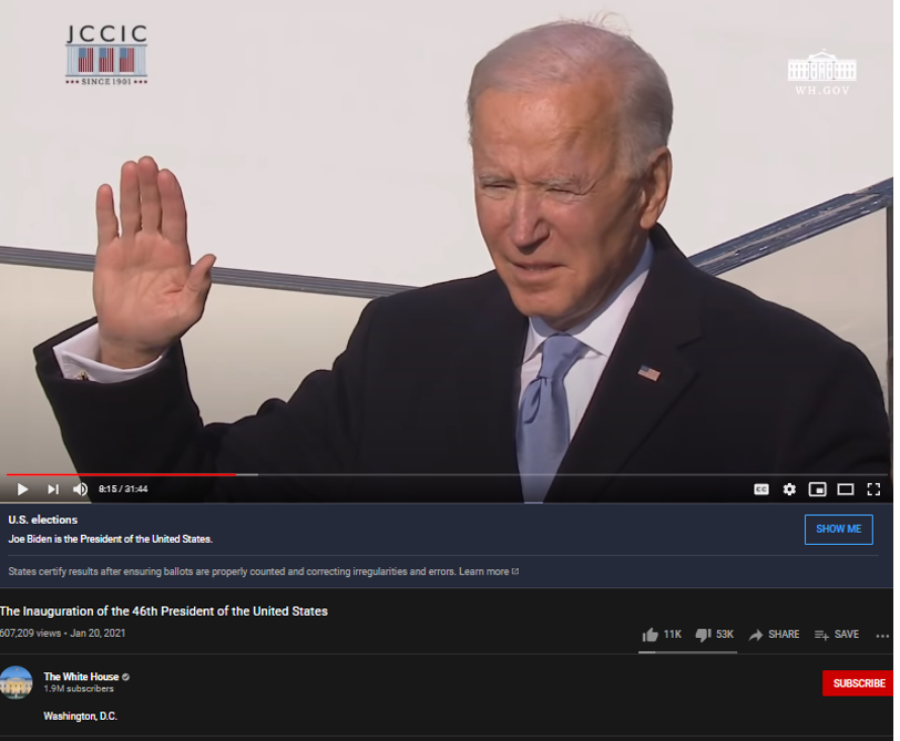 01.23.2021 UPDATE for above tweetSource is Y*T White House Channel TopL    8:15 Whitescreen behind bidenTopR    8:20 Jill & Redhead Girl w/ no maskBottomL 8:20 Pink Mask Girl, Asian w/ Black Mask BottomR 8:34 Back to Jill & Redhead Girl