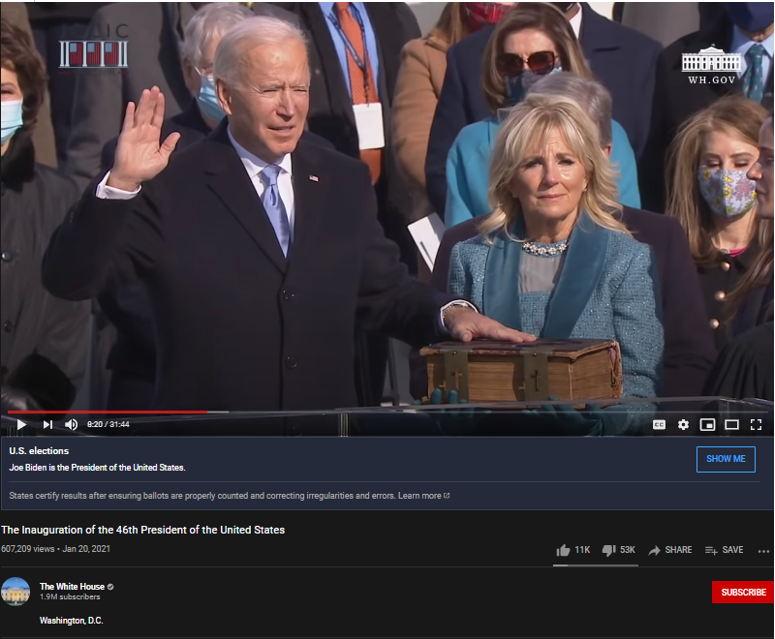 01.23.2021 UPDATE for above tweetSource is Y*T White House Channel TopL    8:15 Whitescreen behind bidenTopR    8:20 Jill & Redhead Girl w/ no maskBottomL 8:20 Pink Mask Girl, Asian w/ Black Mask BottomR 8:34 Back to Jill & Redhead Girl