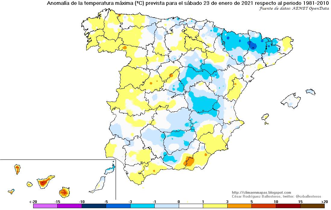 crballesteros's tweet photo. #Anomalía de las temperaturas máximas previstas de hoy sábado 23 al martes 26 de enero https://t.co/voFrpxfNNF