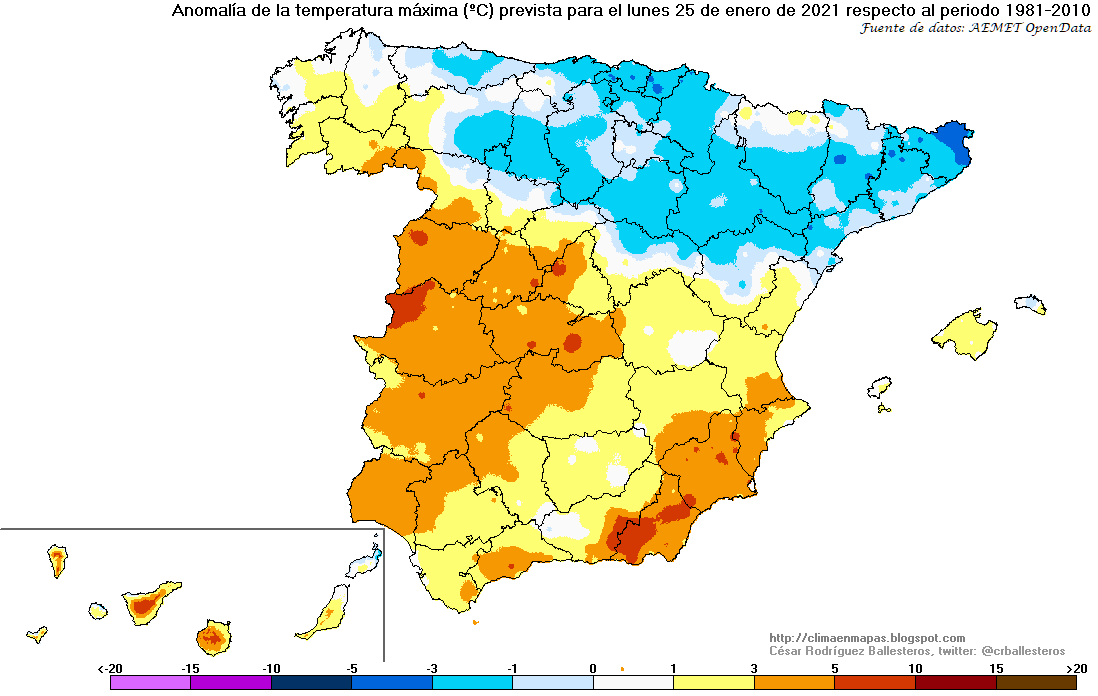 crballesteros's tweet photo. #Anomalía de las temperaturas máximas previstas de hoy sábado 23 al martes 26 de enero https://t.co/voFrpxfNNF