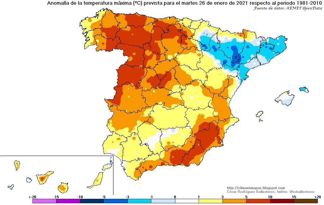 crballesteros's tweet photo. #Anomalía de las temperaturas máximas previstas de hoy sábado 23 al martes 26 de enero https://t.co/voFrpxfNNF