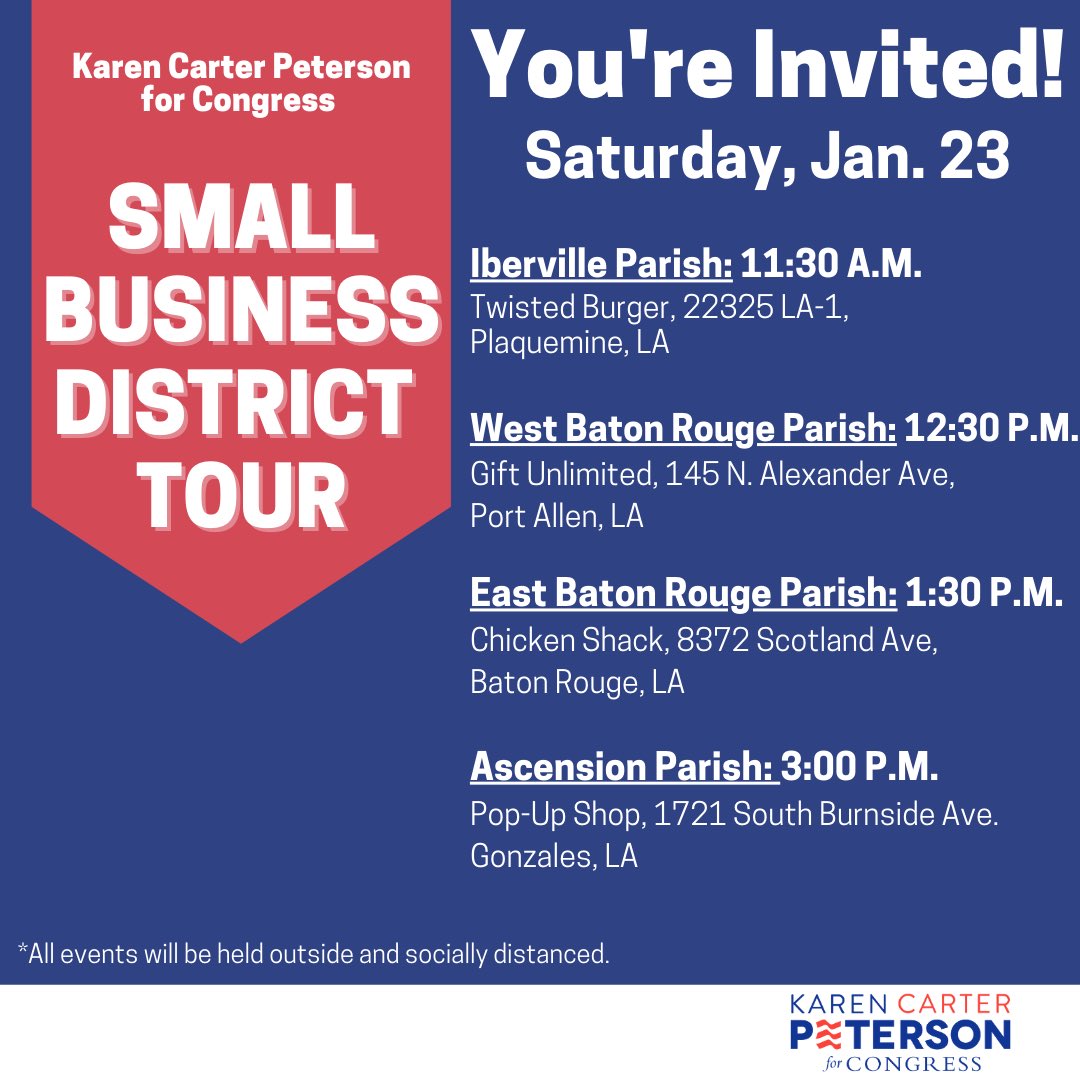 candicemariecmd's tweet photo. @TeamKCP is kicking off her campaign after qualifying with a Small Business District Tour across #LA02 to listen to small business owners and share her plan for COVID relief! Find a stop near you ⬇️ #TeamKCP https://t.co/VLDgjiq1J0