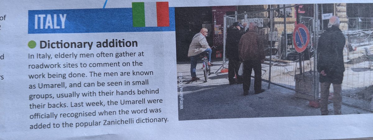 JaquiTranslates's tweet photo. How would you translate into #English this new #Italian word added to @Zanichelli_ed dictionary: #umarell. 📷@First_News 😄 #culturalconcepts #culturalbehaviour #languages #culture #loveitaly #translation #untranslatablewords #italians https://t.co/9kqKEL5iyY