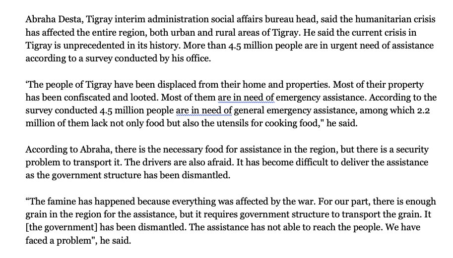 Instead, fed govt say controls Tigray, can handle distribution.But Abraha Desta, interim official and TPLF opponent, explains: insecurity rife, govt structures “dismantled”, making delivery hard during what he terms a “famine”— this shows need for major aid agency role.4/