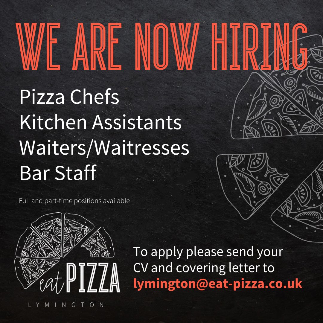 We’re now hiring!! Please RT or tag anyone who maybe interested. Email CVs to lymington@eat-pizza.co.uk.
•
#eatpizza #lymington #jobs #hospitalityjobs #newforestjobs #chefjobs #frontofhousejobs #newforest #hampshire #pizzajobs