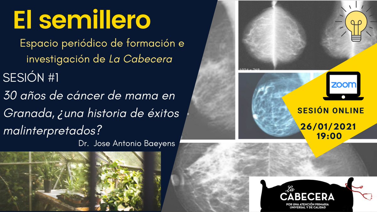 Desde <a href="/enlacabecera/">La Cabecera</a> presentamos el nuevo espacio formativo
🌱 EL SEMILLERO 🌱
Un espacio de formación e investigación mensual.
Retransmitimos vía zoom 
#ElSemillero
¡No te lo pierdas! us02web.zoom.us/j/81023435397?… 
SESIÓN 1: 30 años de cáncer de  mama en Granada con <a href="/nonobf/">Jose Antonio Baeyens</a>