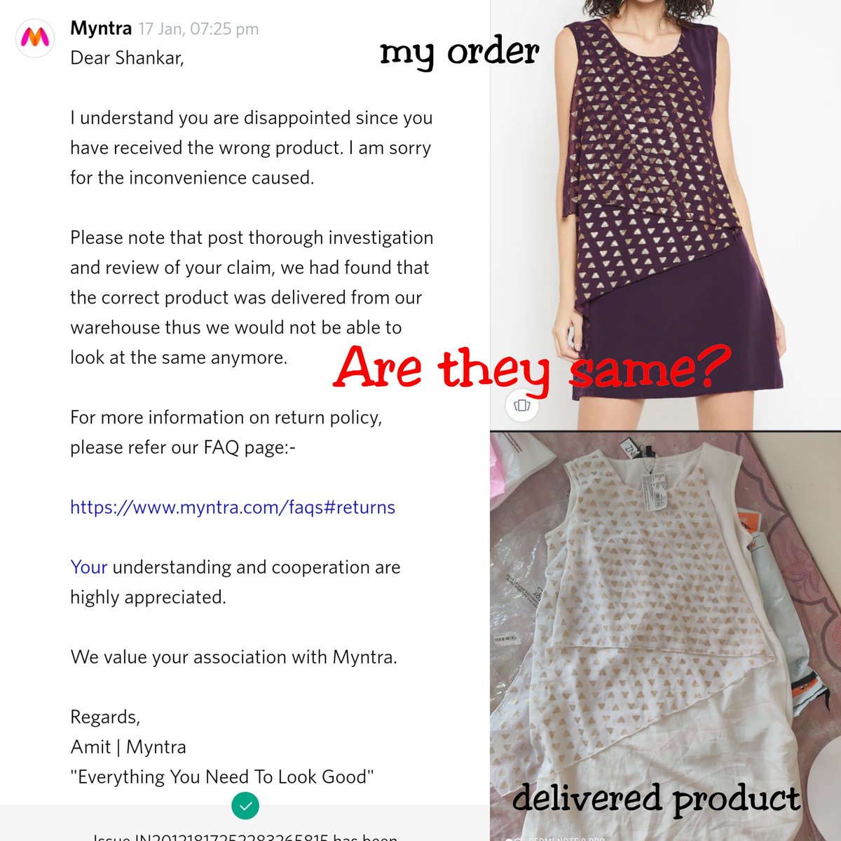 rewati5's tweet photo. I've had a horrible experience with @MyntraSupport with a simple return! I shared these pictures and told different representatives that these are not the same color and not the product I ordered. How on earth can I convince them, even with the proof! #Myntra #customerservice https://t.co/MXC1rp7T4O