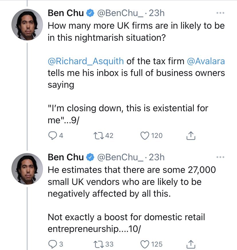 46.  #BrexitReality: excellent  from  @BenChu_ on how Brexit is disrupting e-commerce, severely damaging thousands of small U.K. businesses that depend on sales to EU customers  https://twitter.com/benchu_/status/1352570740554555392