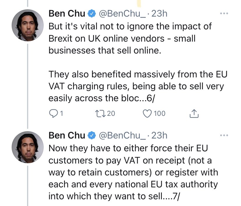 46.  #BrexitReality: excellent  from  @BenChu_ on how Brexit is disrupting e-commerce, severely damaging thousands of small U.K. businesses that depend on sales to EU customers  https://twitter.com/benchu_/status/1352570740554555392