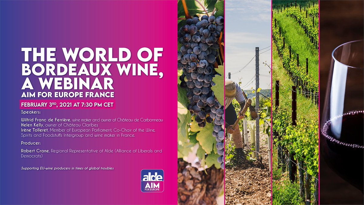 Coming up on 3 February - <a href="/ALDEIndMembers/">AIM for Europe</a> France webinar on the effects of #COVID19 on the wine industry with <a href="/RenewEurope/">Renew Europe</a> MEP <a href="/ITolleret/">Irène Tolleret 🇨🇵🇪🇺🇺🇦🚀!</a>. Details 👇