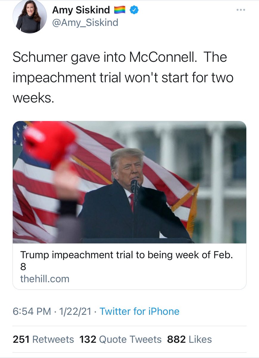 Why do people still follow this woman? Mitch McConnell wanted to delay the trial to mid February.Nancy Pelosi & Chuck Schumer said Fcuk you & said she was gonna send the Articles Monday. That forced McConnell to negotiate & now the Trial starts on February 8th.