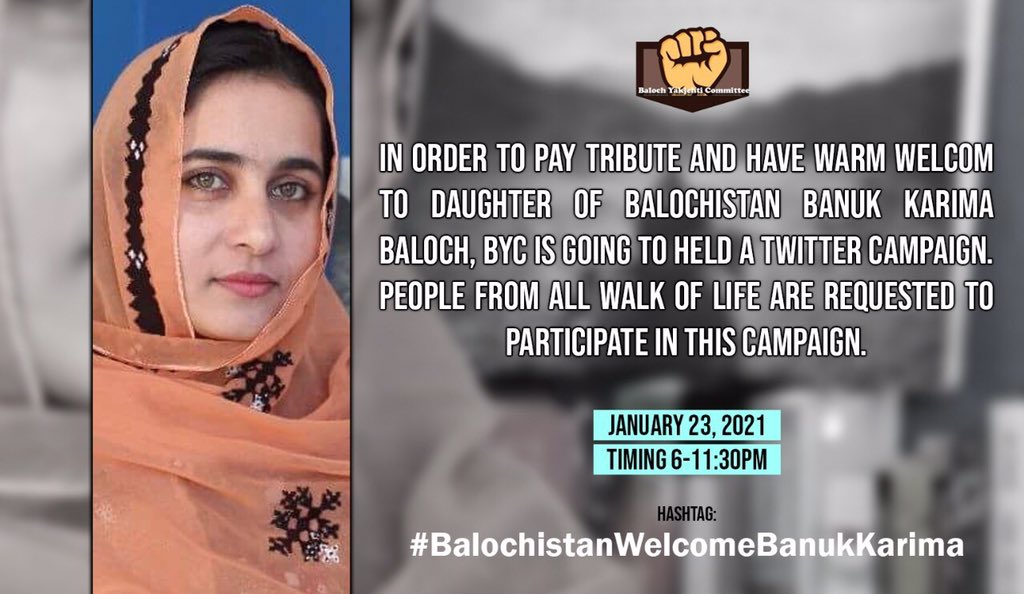 BalochMashkel's tweet photo. بلوچستان اپنی شھید بیٹی بانُک کریمہ بلوچ کو خوشآمد کریگی۔ آج ھونے والے سوشل میڈیا کیمپیئن میں حصّہ لیں اور کریمہ بلوچ کو وطن واپسی پر خوشآمد کہیں۔
#BalochistanWelcomeBanukKarima
دن: 23 جنوری، 2021
وقت : شام 6 بجے سے 11 بجے تک https://t.co/uKs5fpi12W