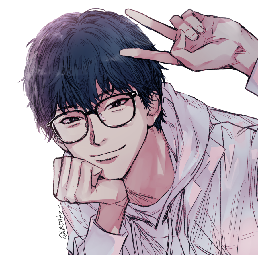 1boy male focus glasses solo black hair looking at viewer smile  illustration images