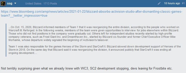 TLnet's tweet photo. Blizzard's Team 1 Developers which were the team behind Warcraft III, Starcraft:Remastered and StarCraft II has been dissolved/restructured in a move back in October 2020 it has been revealed.

https://t.co/FgdszD1mMi https://t.co/F5W8jUGaz3