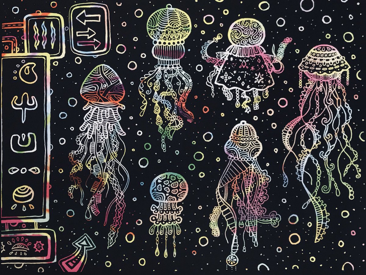 昨日の海月の絵です！ クラゲが着飾ってるみたいで描いてて楽しかった