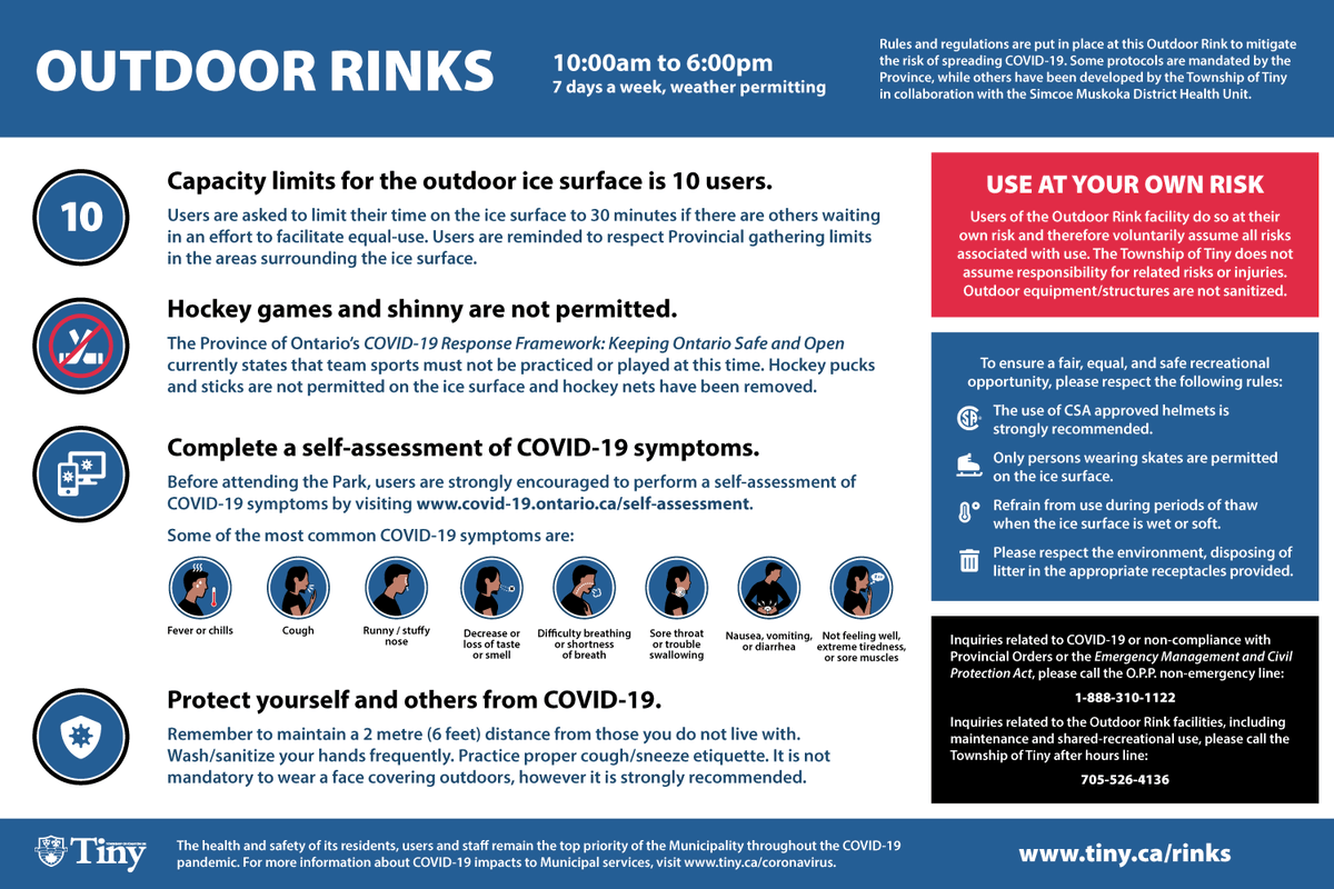 All rinks are open from 10:00 am to 6:00 pm, 7 days a week (weather permitting) and are free of charge. Full details: tiny.ca/rinks